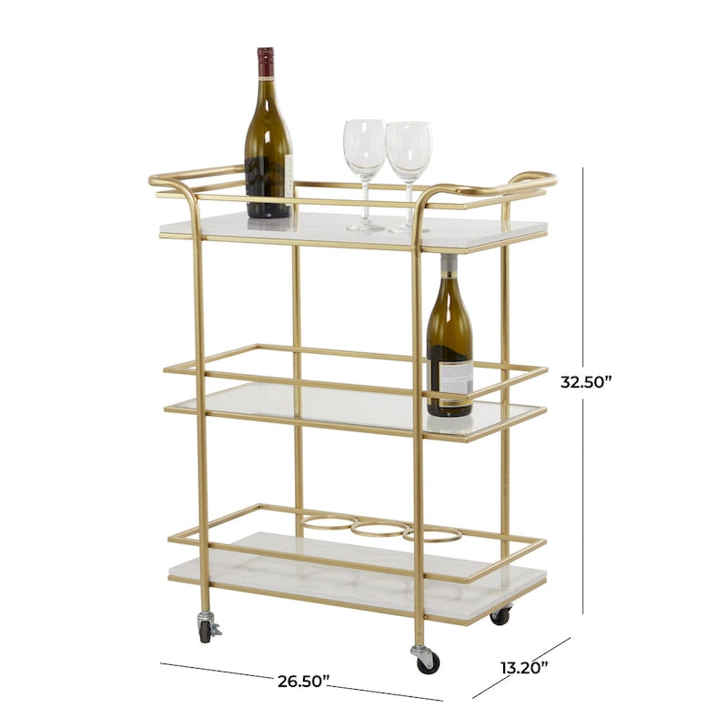 Chariot de bar roulant à 3 niveaux doré avec étagères en marbre et verre – Unité unique