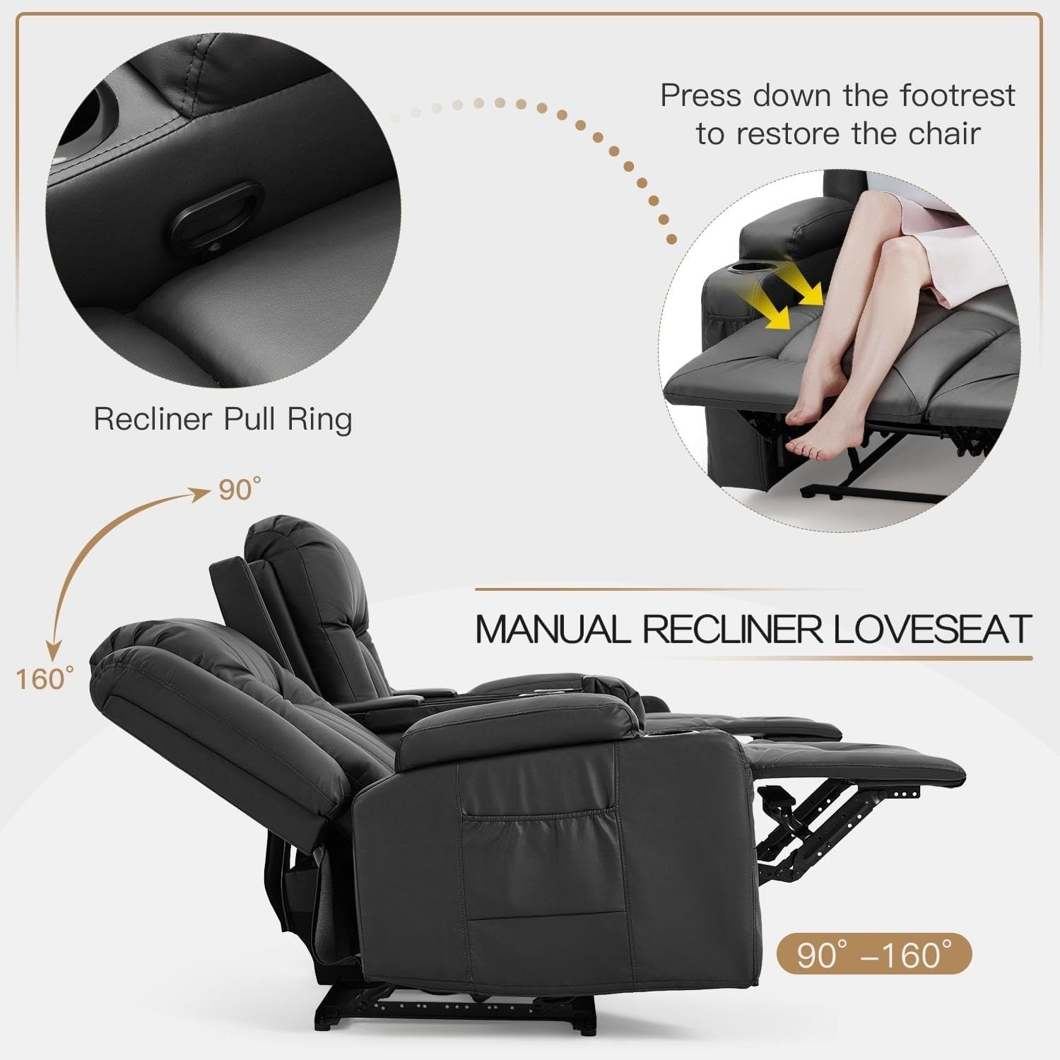 Canapé inclinable manuel AECOJOY pour VR, siège de cinéma maison en PU avec console