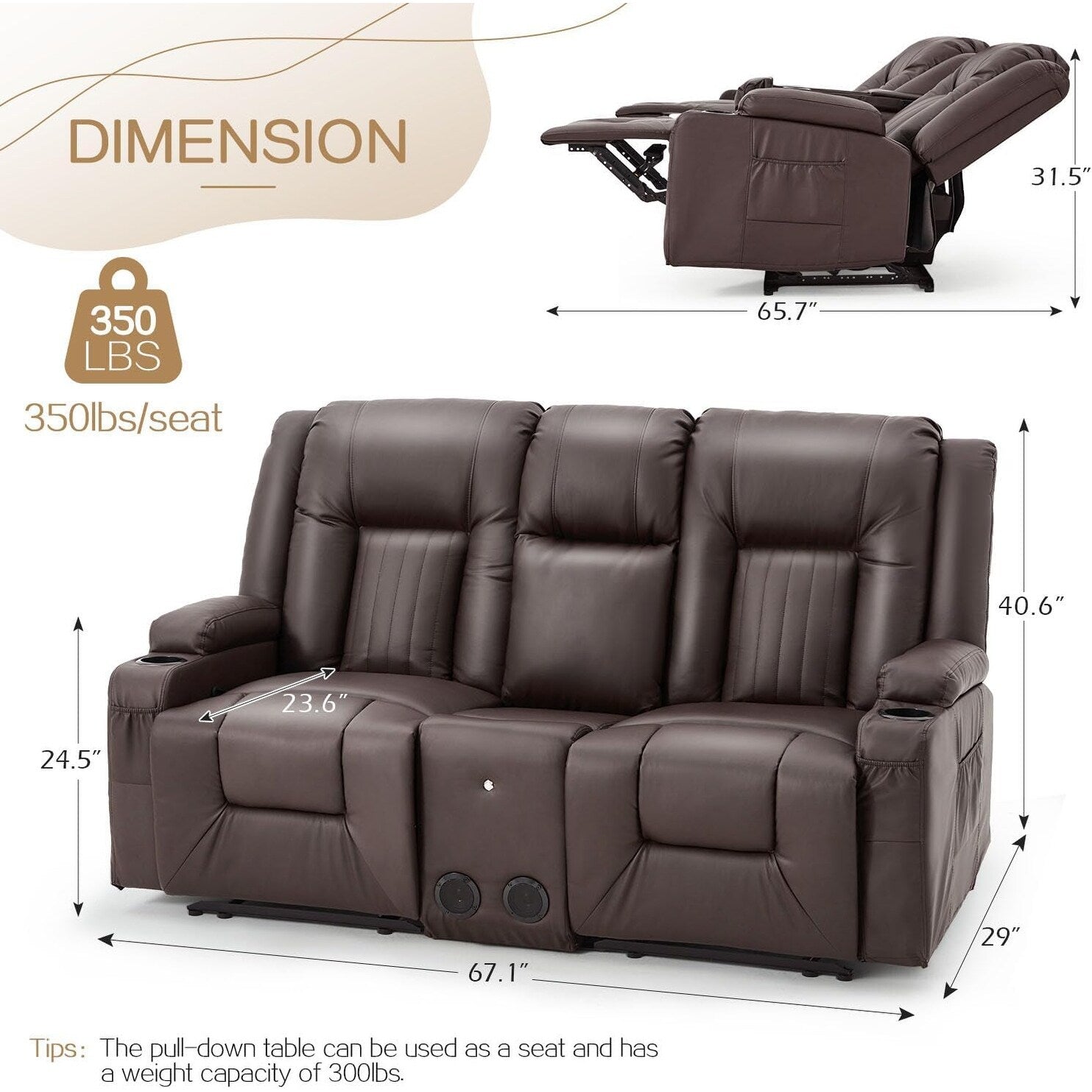 Canapé inclinable manuel AECOJOY pour VR, siège de cinéma maison en PU avec console