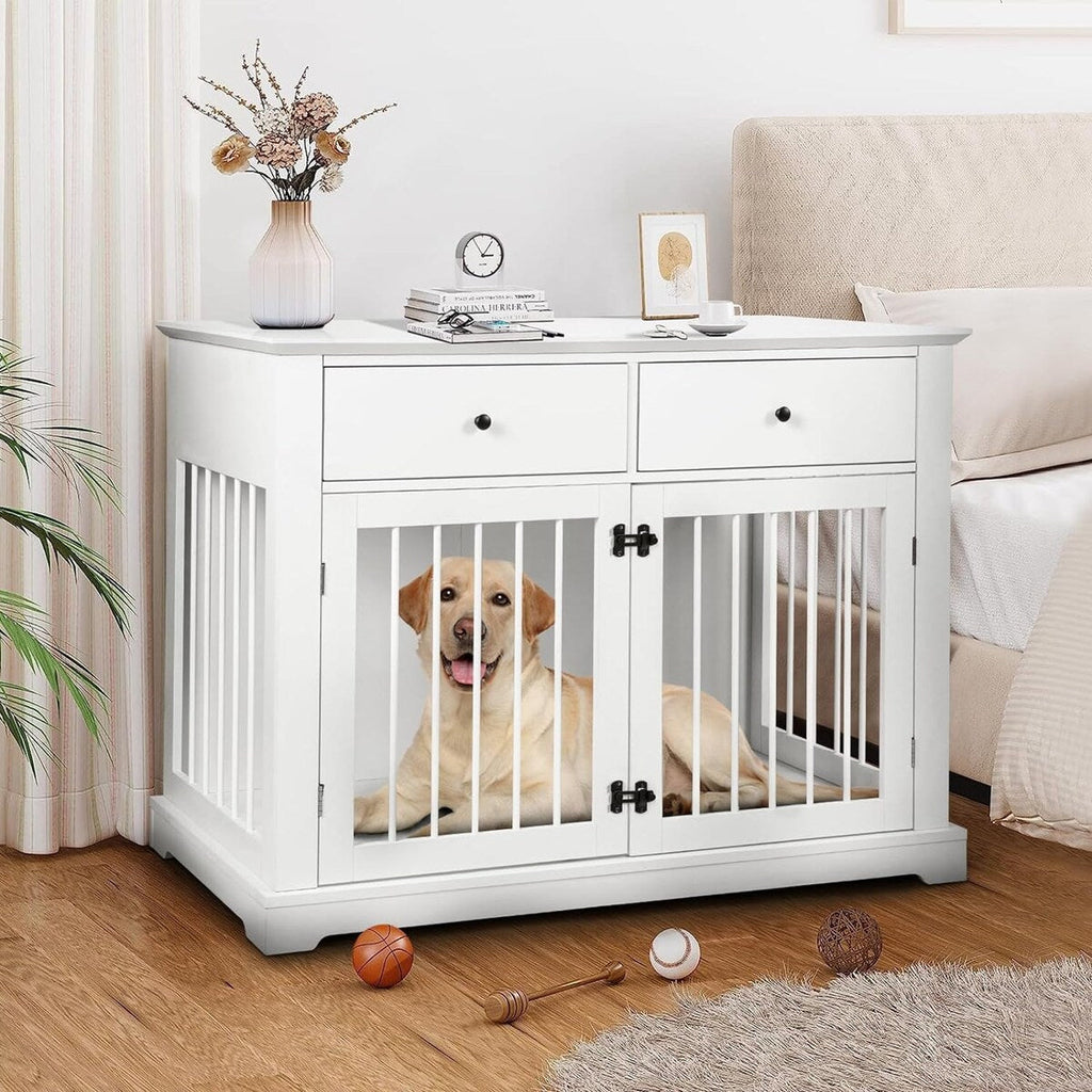 BOSSIN Cage pour Grand Chien de 112 cm, Meuble de Chenil en Bois avec Tiroirs de Rangement, Niche Décorative pour Animaux de Compagnie