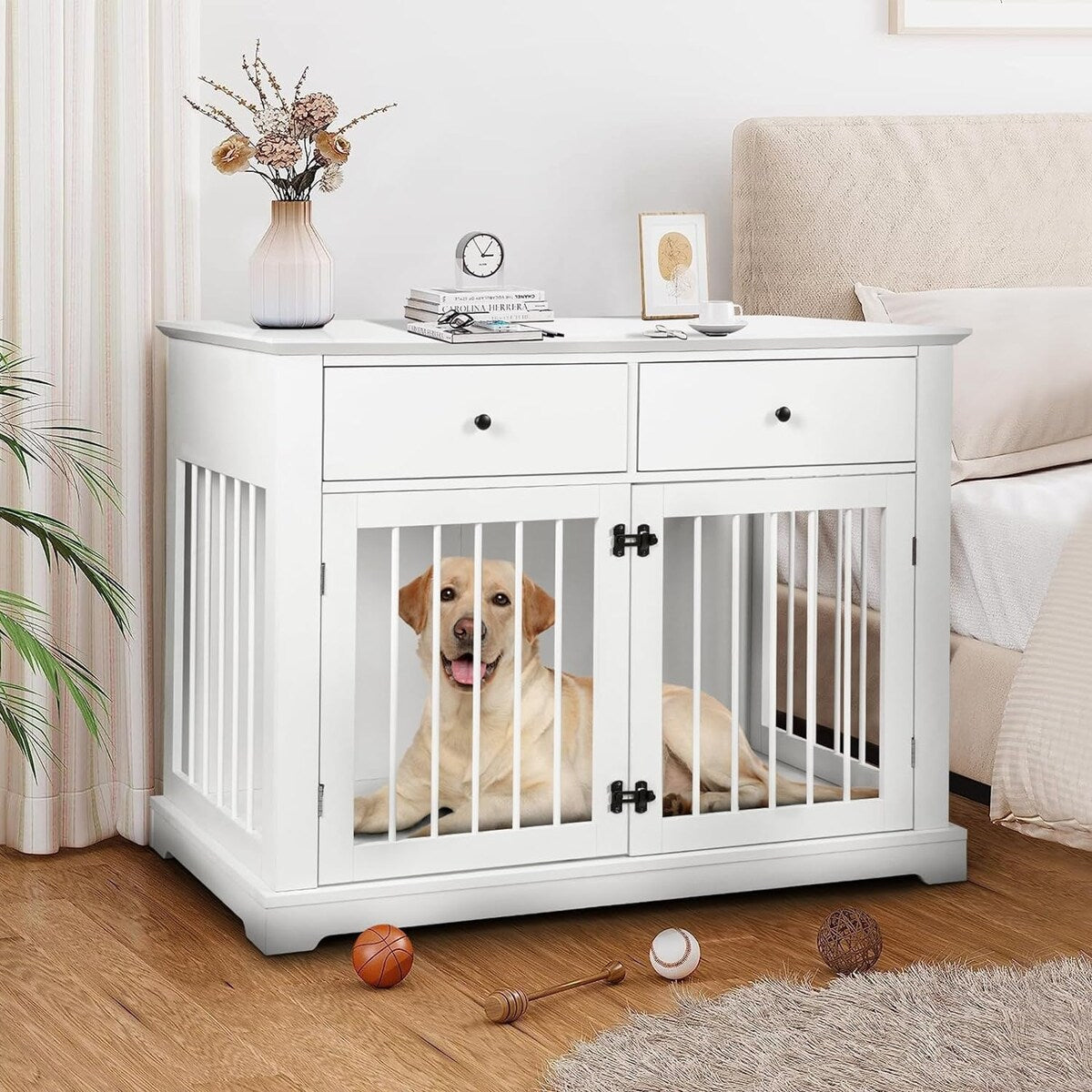 BOSSIN Cage pour Grand Chien de 112 cm, Meuble de Chenil en Bois avec Tiroirs de Rangement, Niche Décorative pour Animaux de Compagnie