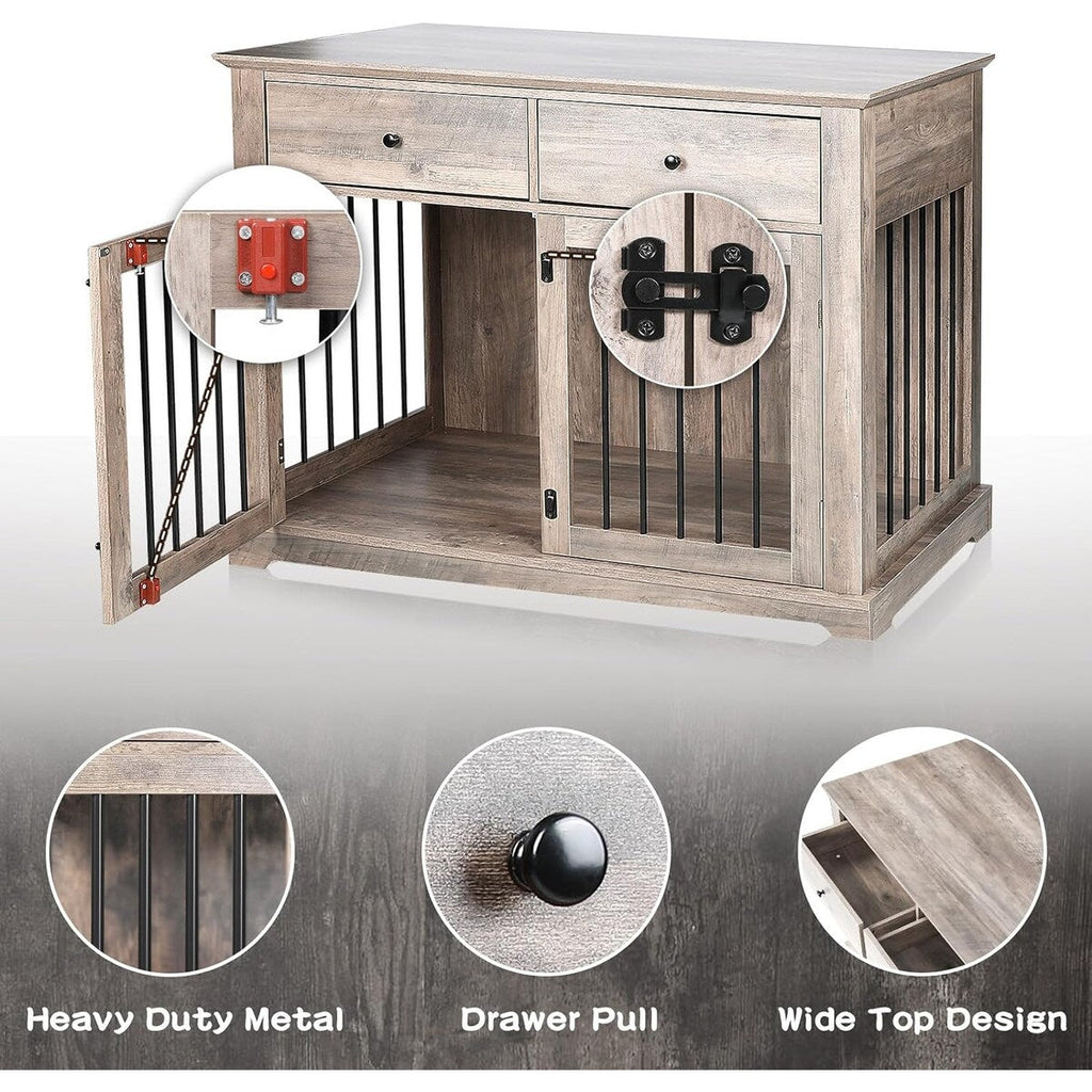 BOSSIN Cage pour Grand Chien de 112 cm, Meuble de Chenil en Bois avec Tiroirs de Rangement, Niche Décorative pour Animaux de Compagnie