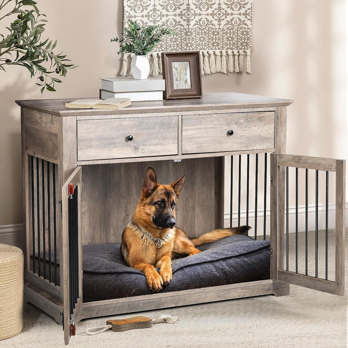 BOSSIN Cage pour Grand Chien de 112 cm, Meuble de Chenil en Bois avec Tiroirs de Rangement, Niche Décorative pour Animaux de Compagnie