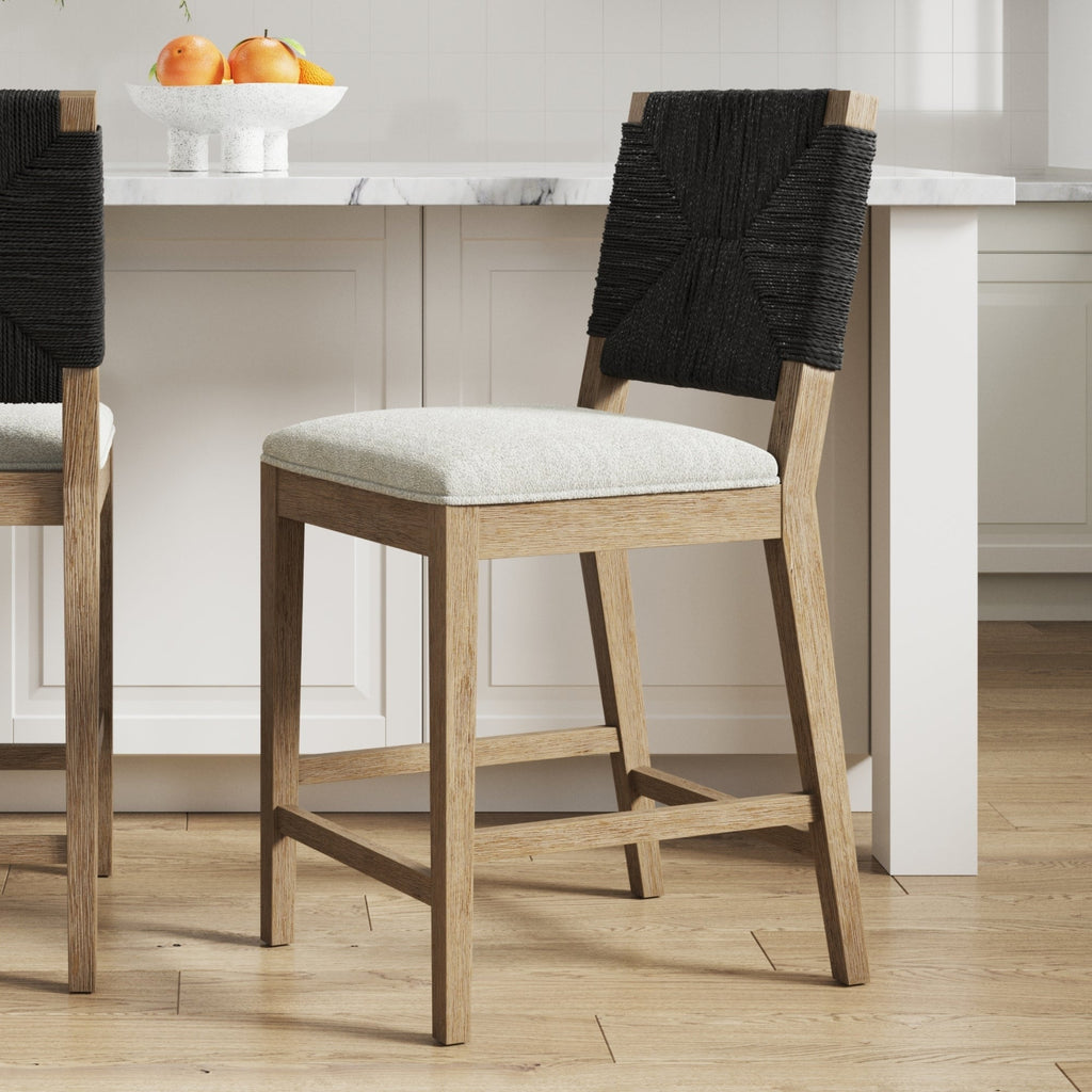 Tabouret de bar Beacon Bohemian Boucle, Chaise de comptoir rembourrée avec structure en bois massif et dossier en jonc de mer tressé