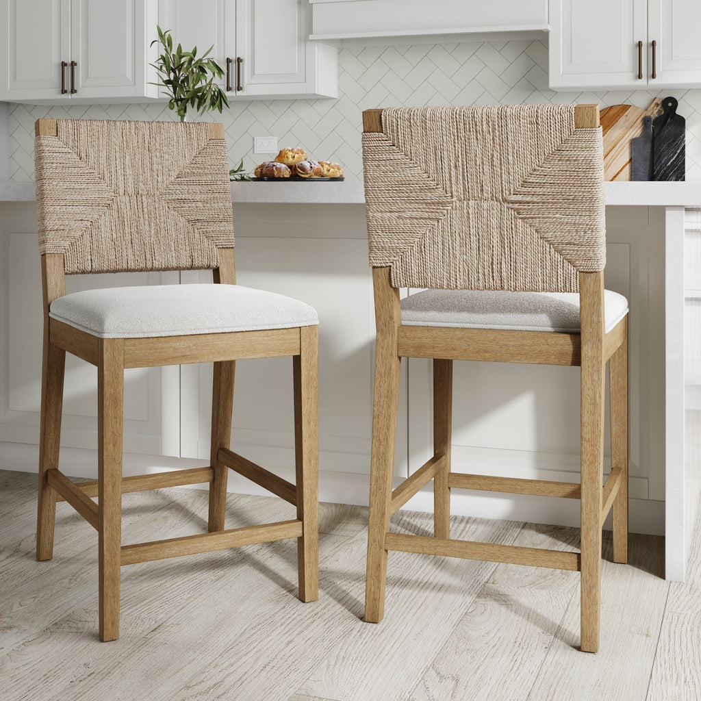 Tabouret de bar Beacon Bohemian Boucle, Chaise de comptoir rembourrée avec structure en bois massif et dossier en jonc de mer tressé