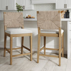 Tabouret de bar Beacon Bohemian Boucle, Chaise de comptoir rembourrée avec structure en bois massif et dossier en jonc de mer tressé