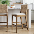 Tabouret de bar Beacon Bohemian Boucle, Chaise de comptoir rembourrée avec structure en bois massif et dossier en jonc de mer tressé