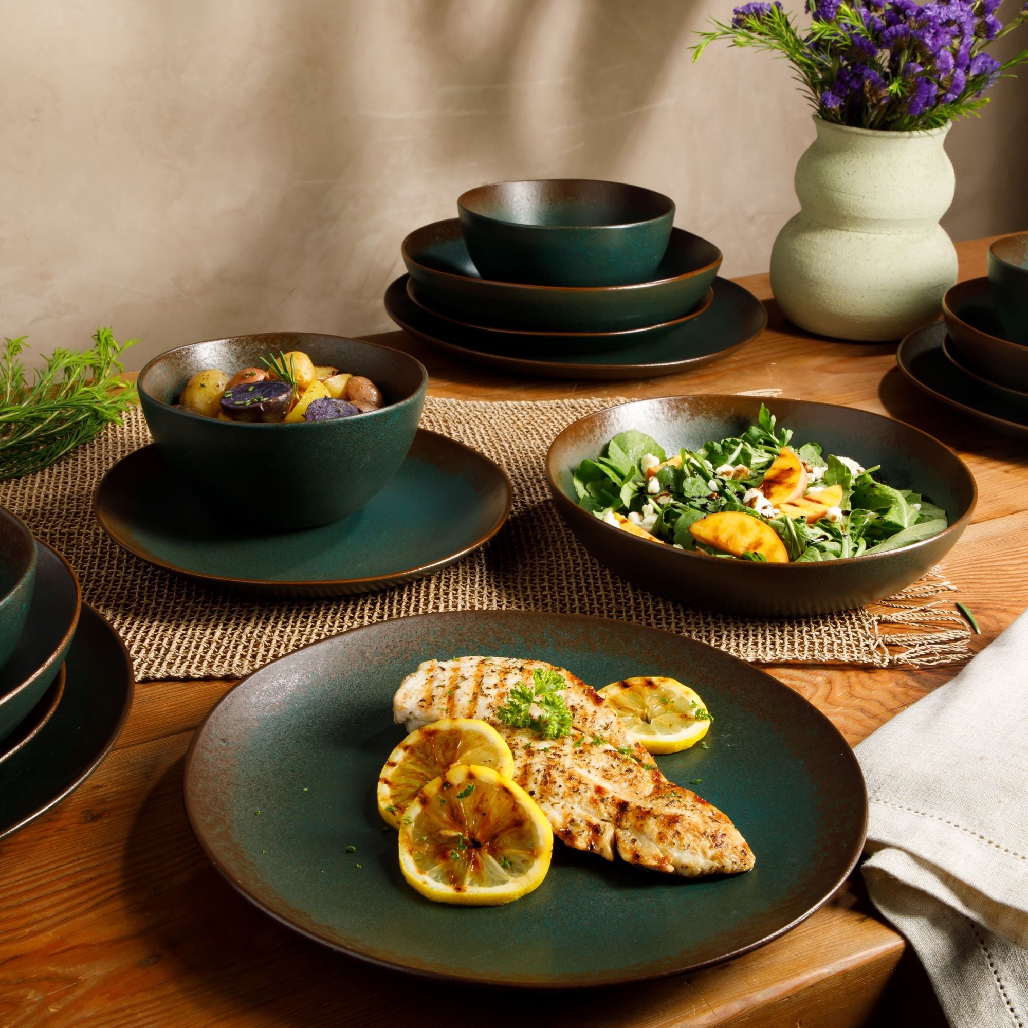 Ensemble de vaisselle Bloomhouse Palerme Soleil 16 pièces en grès à double bol avec glaçure réactive (assiettes et bols)