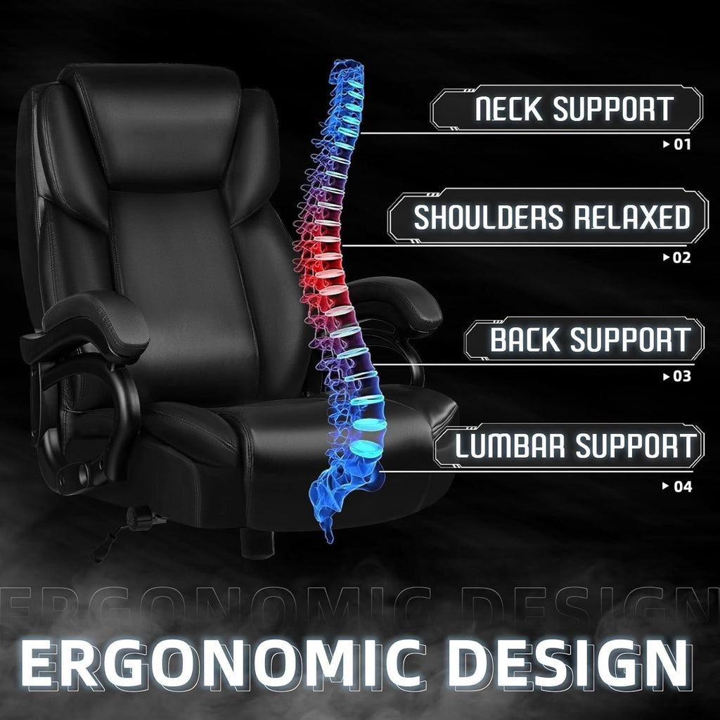 Chaise de bureau de direction Bossin grande taille et forte, 500 lb, avec support lombaire réglable, chaise ergonomique en cuir PU à dossier haut pour ordinateur