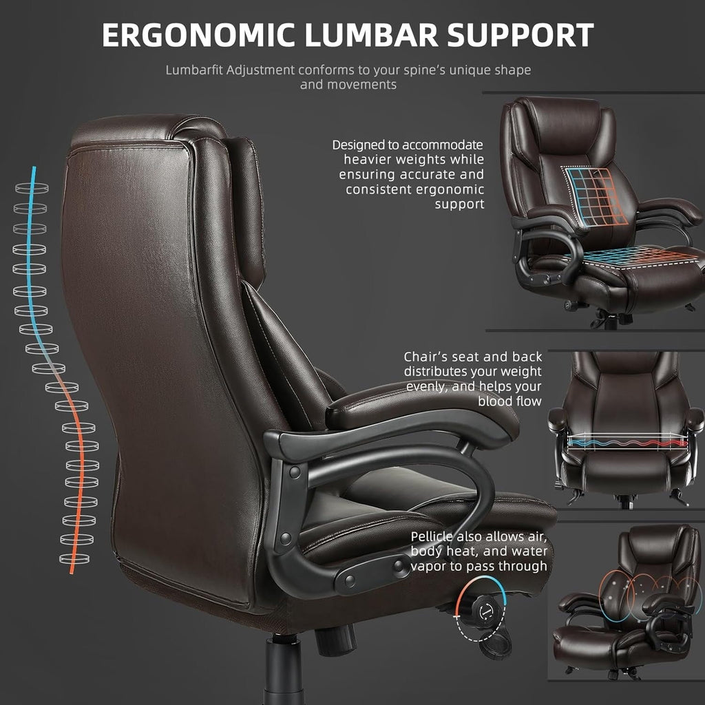 Chaise de bureau de direction Bossin grande taille et forte, 500 lb, avec support lombaire réglable, chaise ergonomique en cuir PU à dossier haut pour ordinateur