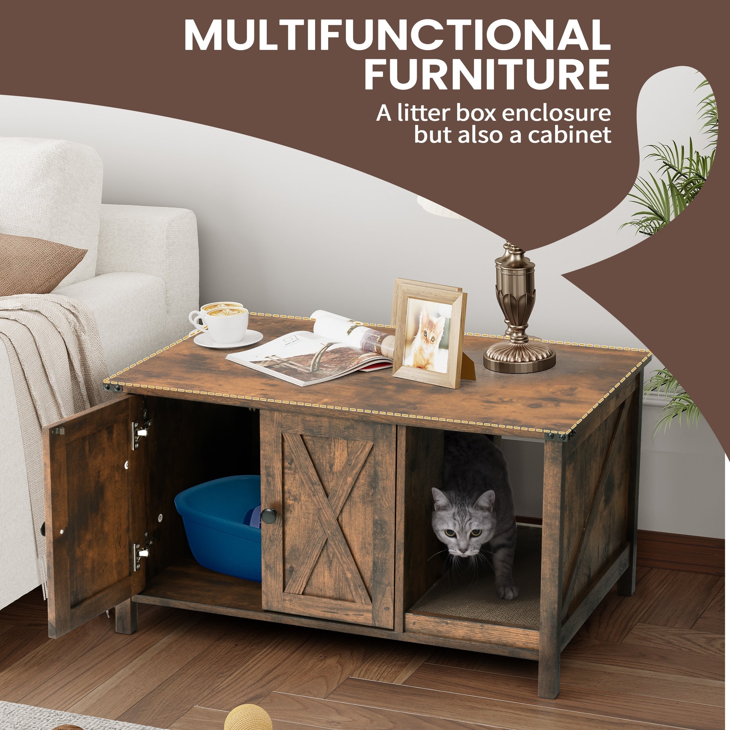 Meuble Cache Litière pour Chat, Meuble de Toilette pour Chat en Bois Dissimulé avec Poteau à Griffer