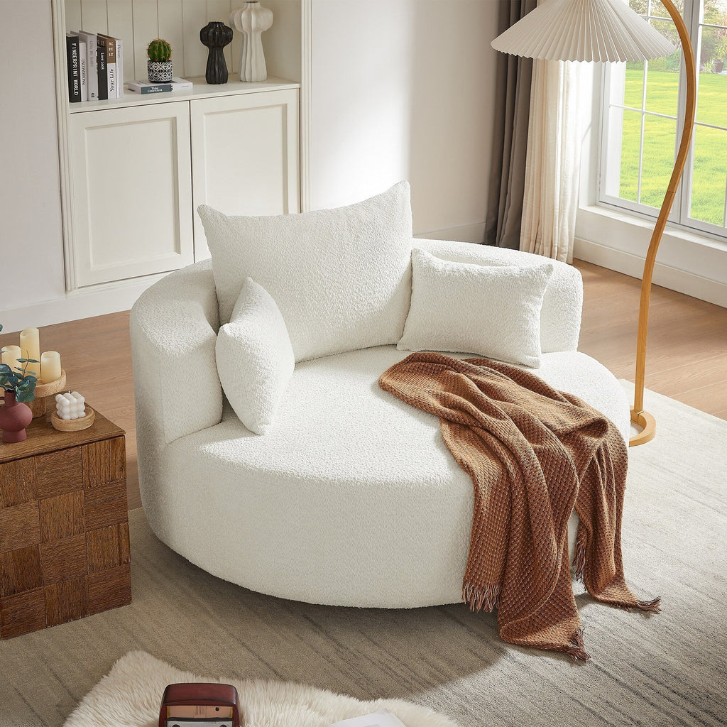 Fauteuil baril accent en chenille, Fauteuil de salon, Fauteuil rond avec base pivotante à 360 degrés et 3 coussins amovibles