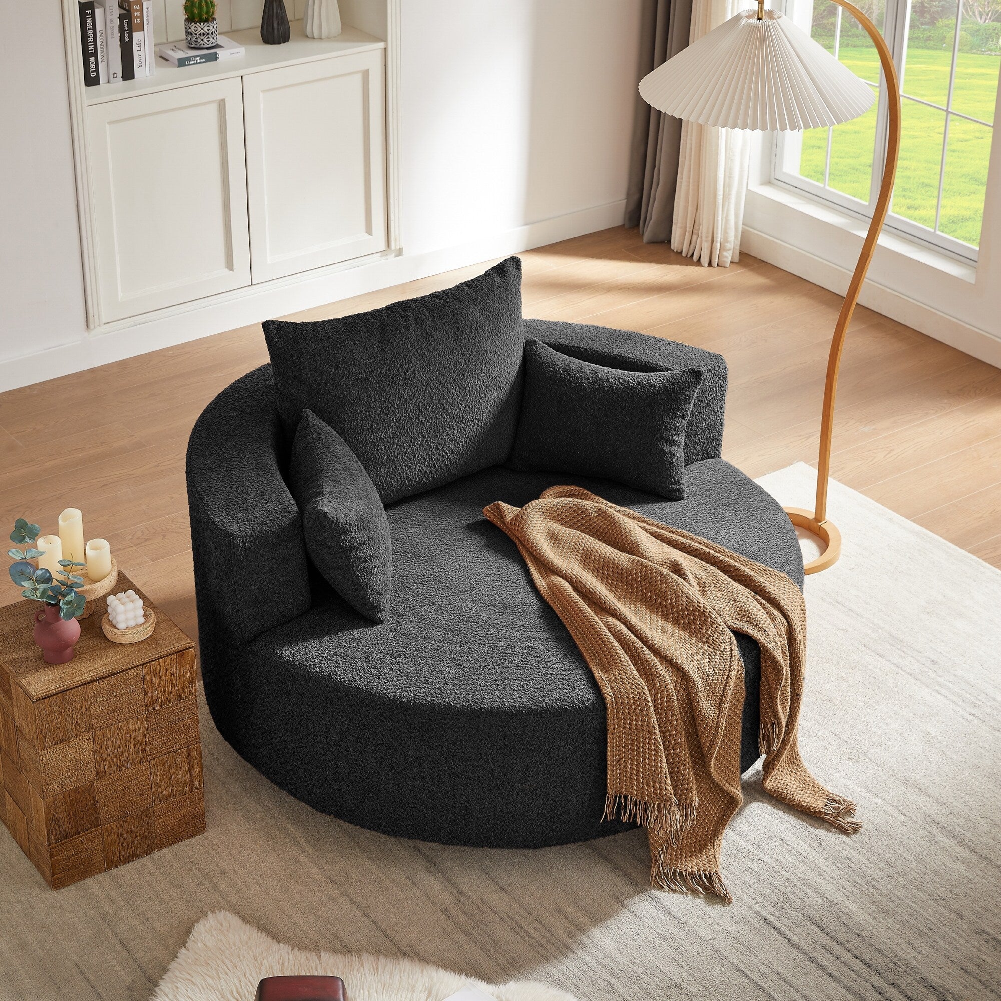 Fauteuil baril accent en chenille, Fauteuil de salon, Fauteuil rond avec base pivotante à 360 degrés et 3 coussins amovibles