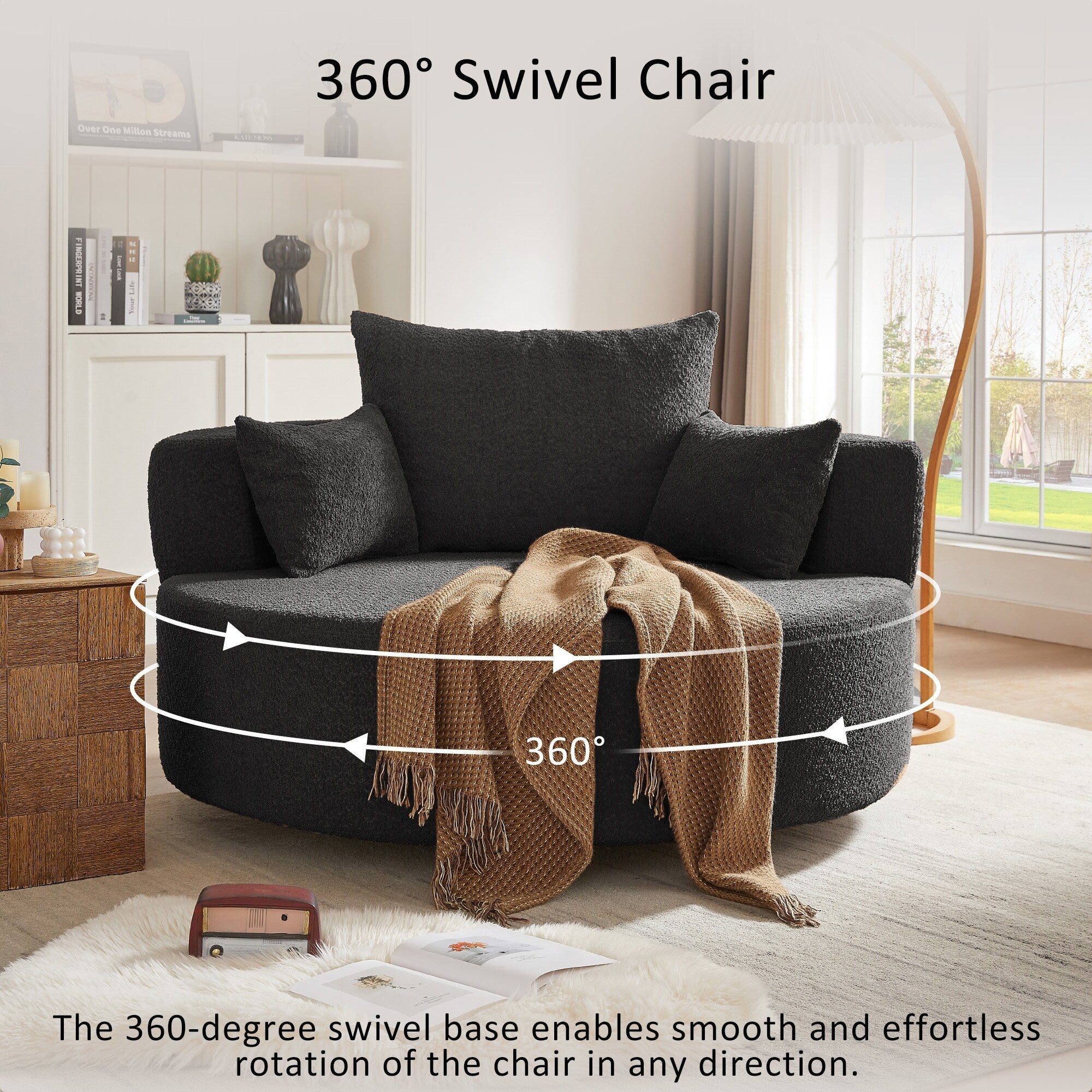 Fauteuil baril accent en chenille, Fauteuil de salon, Fauteuil rond avec base pivotante à 360 degrés et 3 coussins amovibles