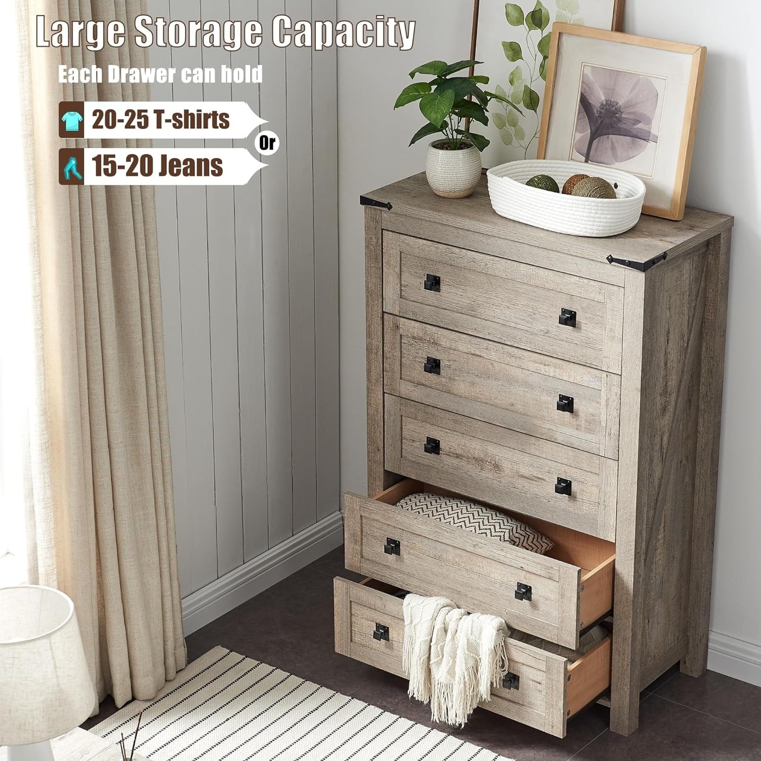 Commode en bois de style campagnard, 5 tiroirs, 122 cm de hauteur, pour chambre à coucher