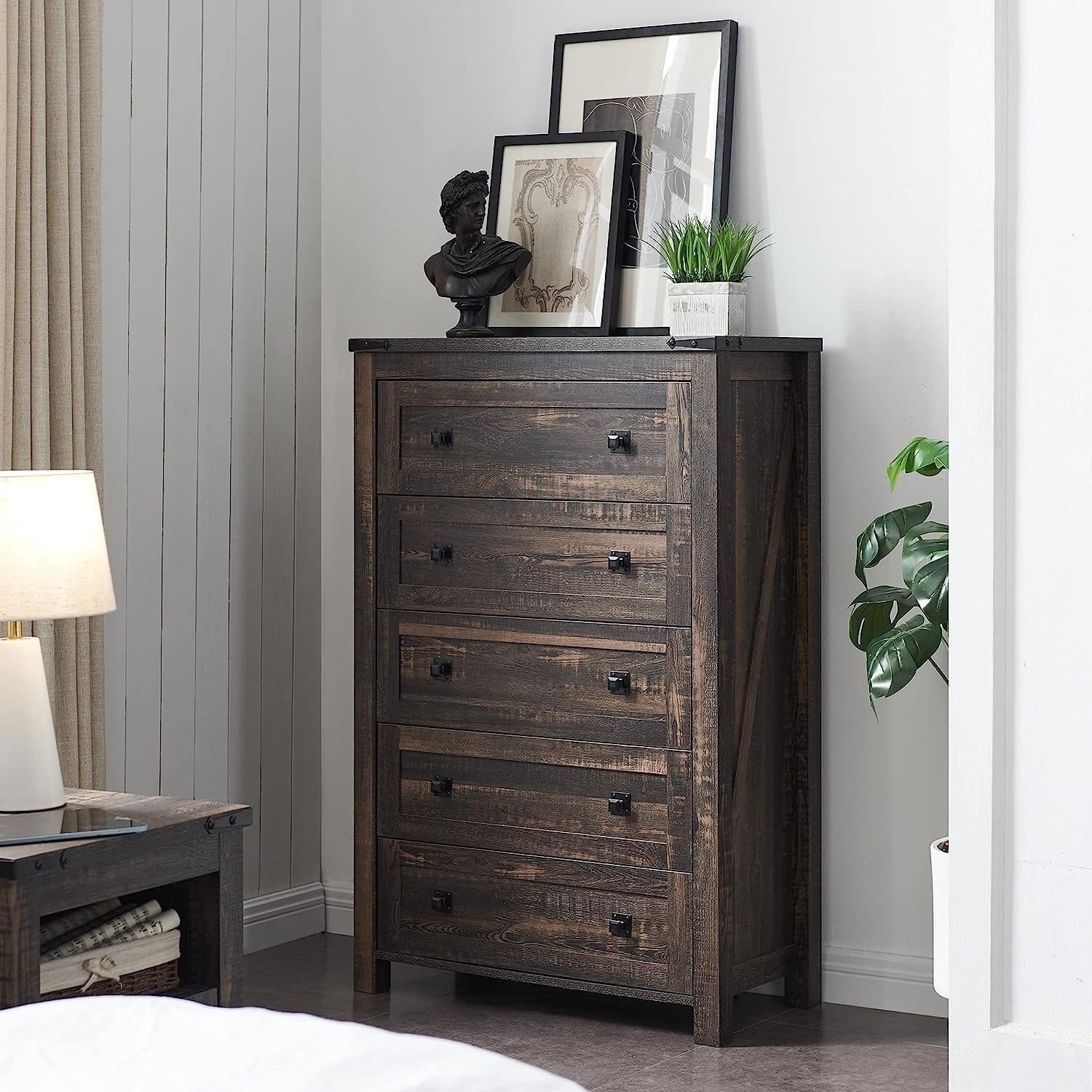 Commode en bois de style campagnard, 5 tiroirs, 122 cm de hauteur, pour chambre à coucher