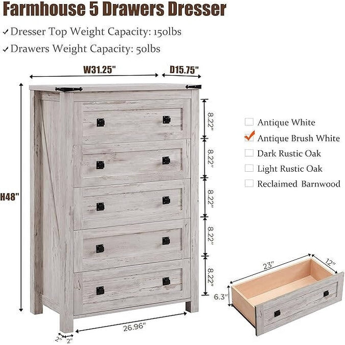 Commode en bois de style campagnard, 5 tiroirs, 122 cm de hauteur, pour chambre à coucher