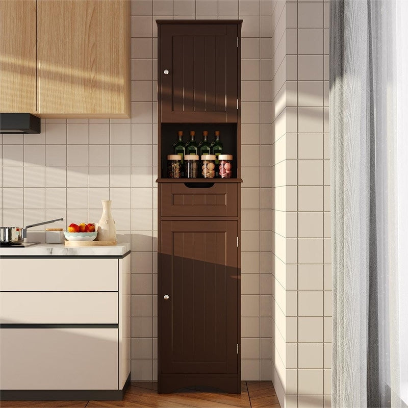 Meuble de rangement haut de salle de bain étroit de 170 cm, armoire autoportante en bois massif à 5 niveaux