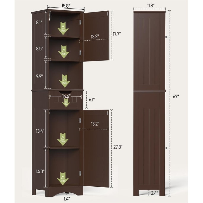 Meuble de rangement haut de salle de bain étroit de 170 cm, armoire autoportante en bois massif à 5 niveaux
